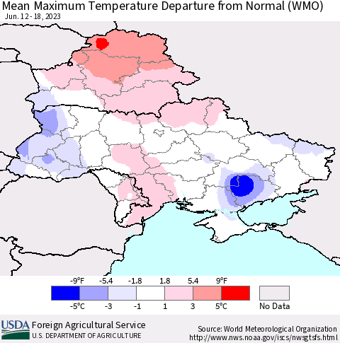 Ukraine, Moldova and Belarus Mean Maximum Temperature Departure from Normal (WMO) Thematic Map For 6/12/2023 - 6/18/2023