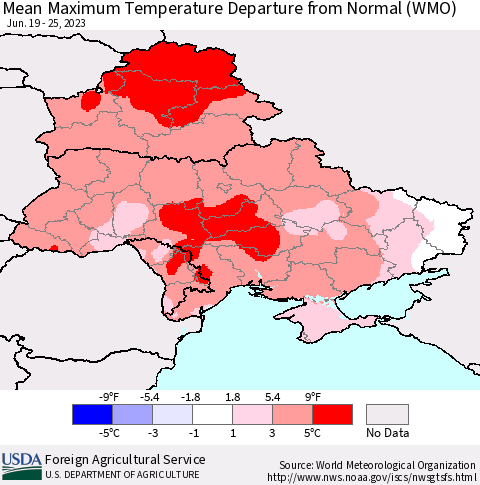 Ukraine, Moldova and Belarus Mean Maximum Temperature Departure from Normal (WMO) Thematic Map For 6/19/2023 - 6/25/2023