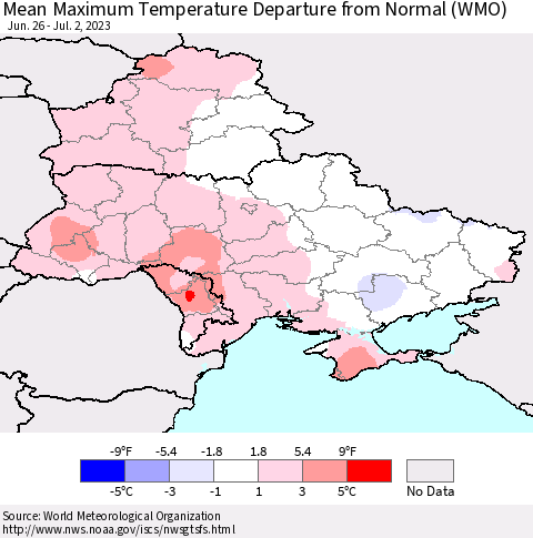 Ukraine, Moldova and Belarus Mean Maximum Temperature Departure from Normal (WMO) Thematic Map For 6/26/2023 - 7/2/2023