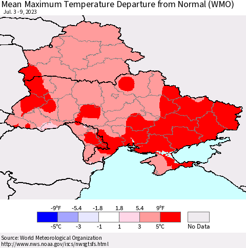 Ukraine, Moldova and Belarus Mean Maximum Temperature Departure from Normal (WMO) Thematic Map For 7/3/2023 - 7/9/2023
