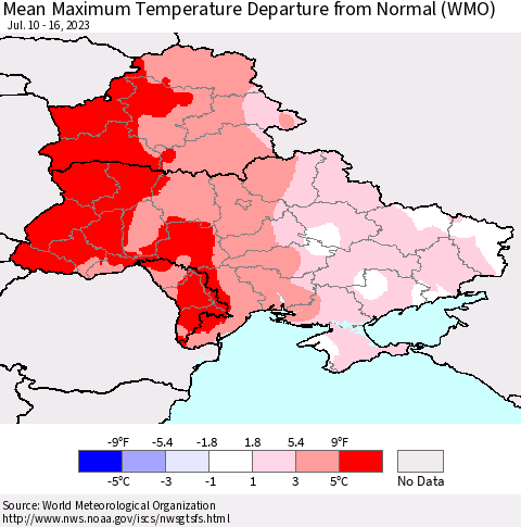 Ukraine, Moldova and Belarus Mean Maximum Temperature Departure from Normal (WMO) Thematic Map For 7/10/2023 - 7/16/2023
