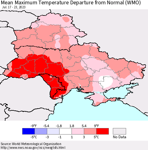 Ukraine, Moldova and Belarus Mean Maximum Temperature Departure from Normal (WMO) Thematic Map For 7/17/2023 - 7/23/2023
