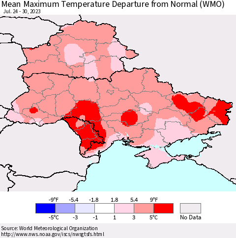 Ukraine, Moldova and Belarus Mean Maximum Temperature Departure from Normal (WMO) Thematic Map For 7/24/2023 - 7/30/2023