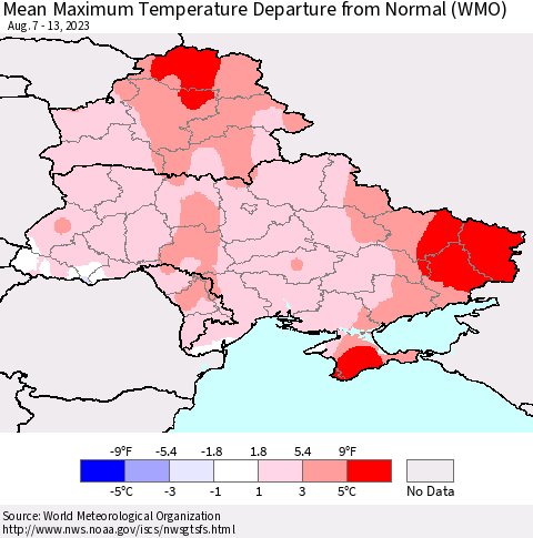 Ukraine, Moldova and Belarus Mean Maximum Temperature Departure from Normal (WMO) Thematic Map For 8/7/2023 - 8/13/2023