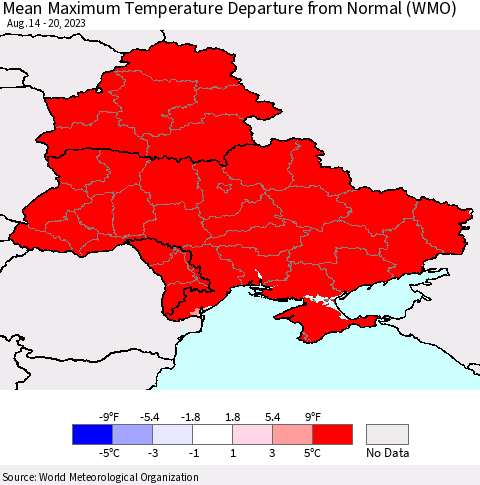 Ukraine, Moldova and Belarus Mean Maximum Temperature Departure from Normal (WMO) Thematic Map For 8/14/2023 - 8/20/2023