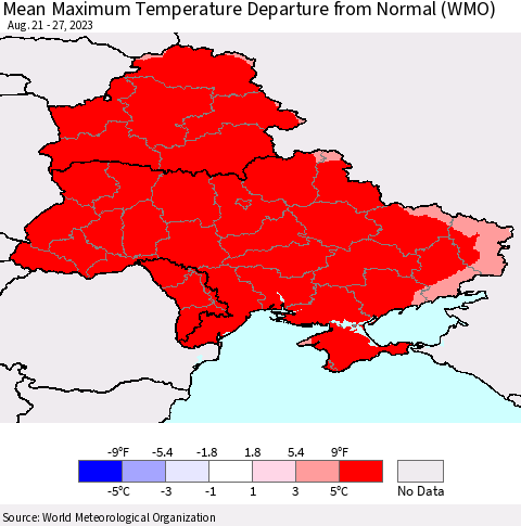 Ukraine, Moldova and Belarus Mean Maximum Temperature Departure from Normal (WMO) Thematic Map For 8/21/2023 - 8/27/2023