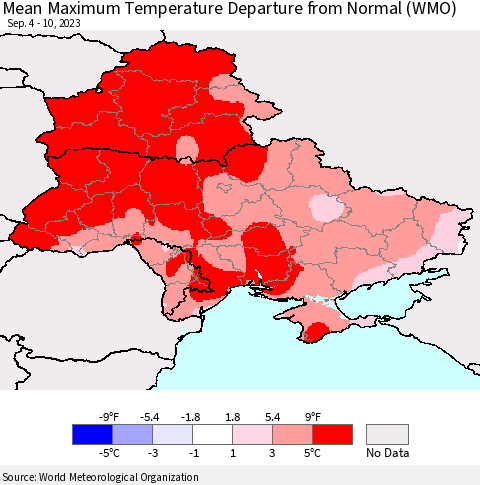 Ukraine, Moldova and Belarus Mean Maximum Temperature Departure from Normal (WMO) Thematic Map For 9/4/2023 - 9/10/2023