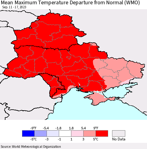 Ukraine, Moldova and Belarus Mean Maximum Temperature Departure from Normal (WMO) Thematic Map For 9/11/2023 - 9/17/2023