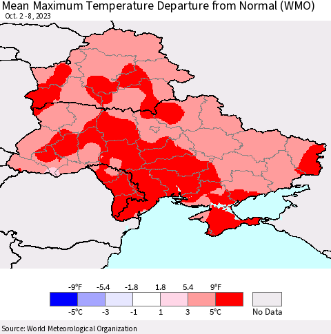 Ukraine, Moldova and Belarus Mean Maximum Temperature Departure from Normal (WMO) Thematic Map For 10/2/2023 - 10/8/2023