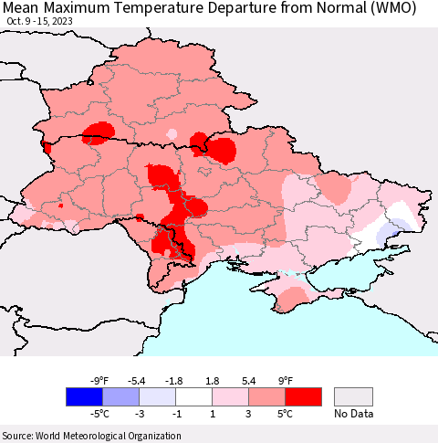 Ukraine, Moldova and Belarus Mean Maximum Temperature Departure from Normal (WMO) Thematic Map For 10/9/2023 - 10/15/2023
