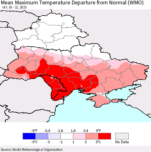 Ukraine, Moldova and Belarus Mean Maximum Temperature Departure from Normal (WMO) Thematic Map For 10/16/2023 - 10/22/2023