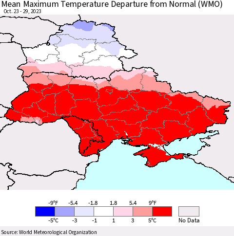Ukraine, Moldova and Belarus Mean Maximum Temperature Departure from Normal (WMO) Thematic Map For 10/23/2023 - 10/29/2023
