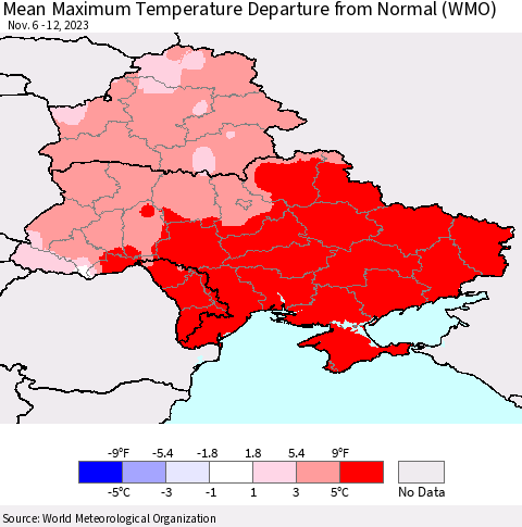Ukraine, Moldova and Belarus Mean Maximum Temperature Departure from Normal (WMO) Thematic Map For 11/6/2023 - 11/12/2023