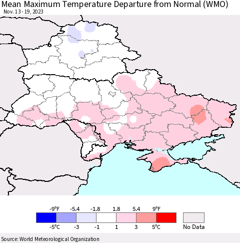 Ukraine, Moldova and Belarus Mean Maximum Temperature Departure from Normal (WMO) Thematic Map For 11/13/2023 - 11/19/2023