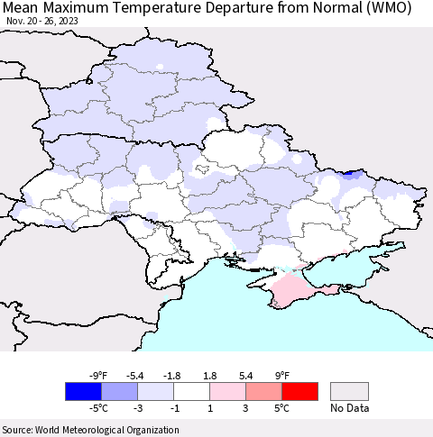 Ukraine, Moldova and Belarus Mean Maximum Temperature Departure from Normal (WMO) Thematic Map For 11/20/2023 - 11/26/2023