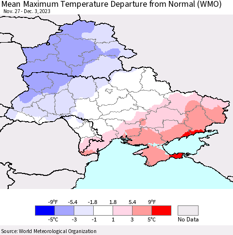 Ukraine, Moldova and Belarus Mean Maximum Temperature Departure from Normal (WMO) Thematic Map For 11/27/2023 - 12/3/2023