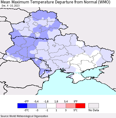 Ukraine, Moldova and Belarus Mean Maximum Temperature Departure from Normal (WMO) Thematic Map For 12/4/2023 - 12/10/2023