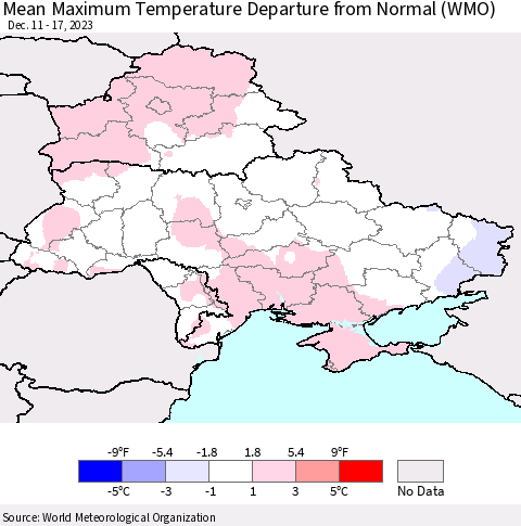 Ukraine, Moldova and Belarus Mean Maximum Temperature Departure from Normal (WMO) Thematic Map For 12/11/2023 - 12/17/2023