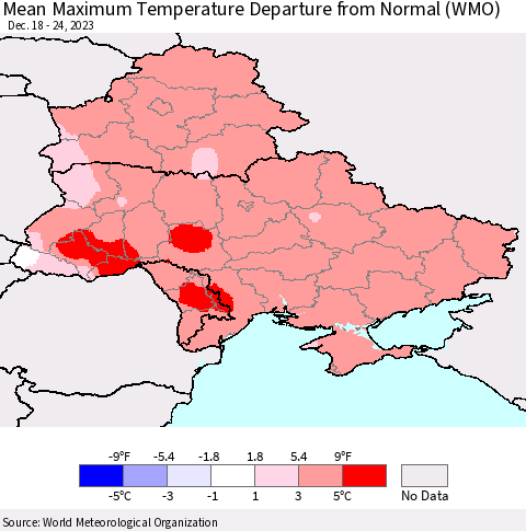 Ukraine, Moldova and Belarus Mean Maximum Temperature Departure from Normal (WMO) Thematic Map For 12/18/2023 - 12/24/2023
