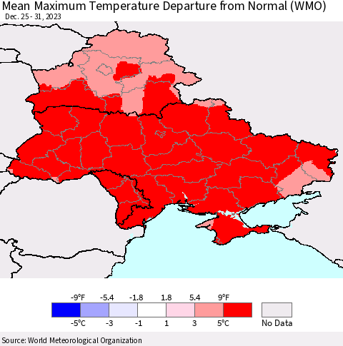 Ukraine, Moldova and Belarus Mean Maximum Temperature Departure from Normal (WMO) Thematic Map For 12/25/2023 - 12/31/2023