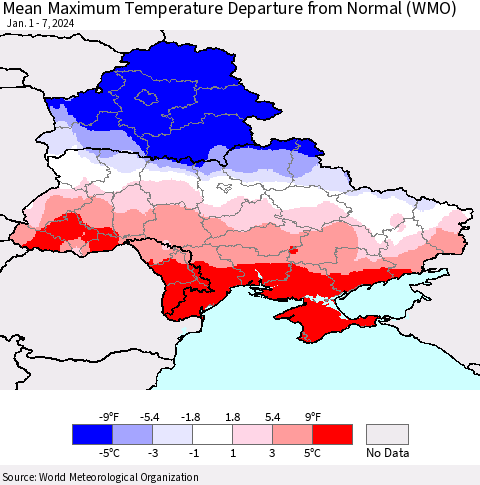 Ukraine, Moldova and Belarus Mean Maximum Temperature Departure from Normal (WMO) Thematic Map For 1/1/2024 - 1/7/2024