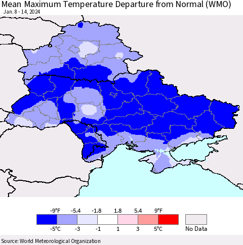 Ukraine, Moldova and Belarus Mean Maximum Temperature Departure from Normal (WMO) Thematic Map For 1/8/2024 - 1/14/2024