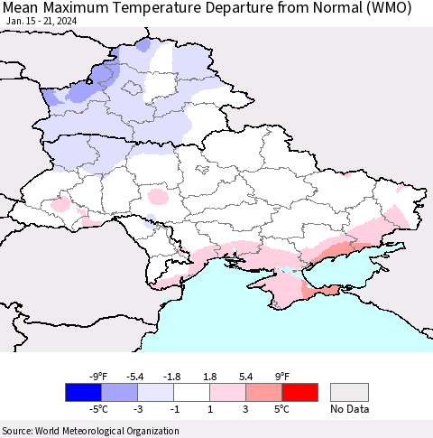 Ukraine, Moldova and Belarus Mean Maximum Temperature Departure from Normal (WMO) Thematic Map For 1/15/2024 - 1/21/2024