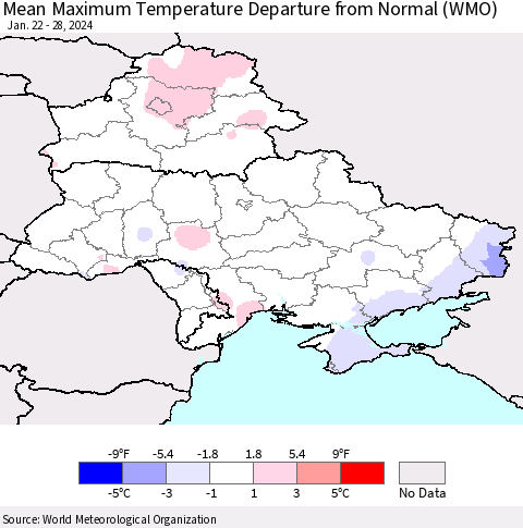 Ukraine, Moldova and Belarus Mean Maximum Temperature Departure from Normal (WMO) Thematic Map For 1/22/2024 - 1/28/2024