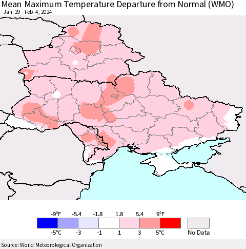 Ukraine, Moldova and Belarus Mean Maximum Temperature Departure from Normal (WMO) Thematic Map For 1/29/2024 - 2/4/2024