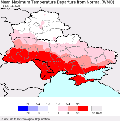 Ukraine, Moldova and Belarus Mean Maximum Temperature Departure from Normal (WMO) Thematic Map For 2/5/2024 - 2/11/2024