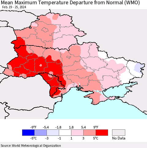 Ukraine, Moldova and Belarus Mean Maximum Temperature Departure from Normal (WMO) Thematic Map For 2/19/2024 - 2/25/2024