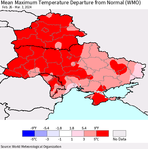 Ukraine, Moldova and Belarus Mean Maximum Temperature Departure from Normal (WMO) Thematic Map For 2/26/2024 - 3/3/2024