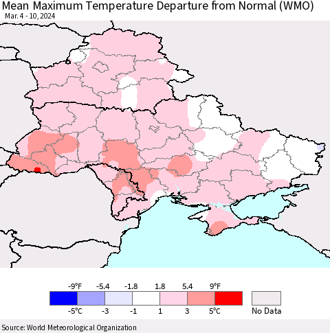 Ukraine, Moldova and Belarus Mean Maximum Temperature Departure from Normal (WMO) Thematic Map For 3/4/2024 - 3/10/2024
