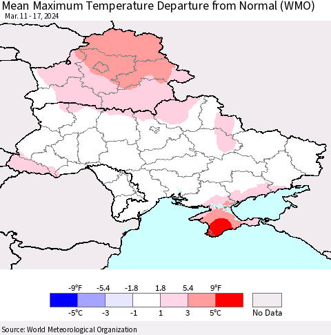 Ukraine, Moldova and Belarus Mean Maximum Temperature Departure from Normal (WMO) Thematic Map For 3/11/2024 - 3/17/2024