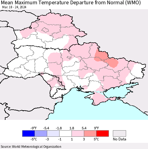 Ukraine, Moldova and Belarus Mean Maximum Temperature Departure from Normal (WMO) Thematic Map For 3/18/2024 - 3/24/2024