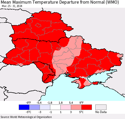 Ukraine, Moldova and Belarus Mean Maximum Temperature Departure from Normal (WMO) Thematic Map For 3/25/2024 - 3/31/2024
