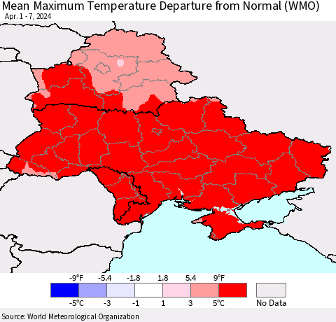 Ukraine, Moldova and Belarus Mean Maximum Temperature Departure from Normal (WMO) Thematic Map For 4/1/2024 - 4/7/2024
