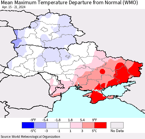 Ukraine, Moldova and Belarus Mean Maximum Temperature Departure from Normal (WMO) Thematic Map For 4/15/2024 - 4/21/2024