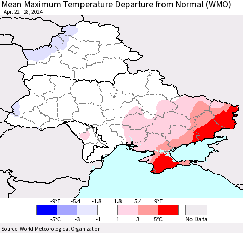 Ukraine, Moldova and Belarus Mean Maximum Temperature Departure from Normal (WMO) Thematic Map For 4/22/2024 - 4/28/2024