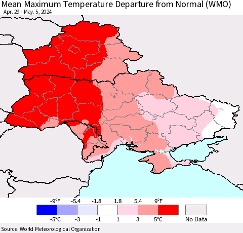 Ukraine, Moldova and Belarus Mean Maximum Temperature Departure from Normal (WMO) Thematic Map For 4/29/2024 - 5/5/2024