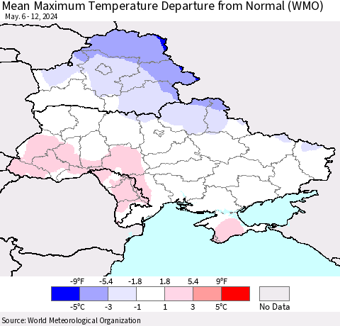 Ukraine, Moldova and Belarus Mean Maximum Temperature Departure from Normal (WMO) Thematic Map For 5/6/2024 - 5/12/2024