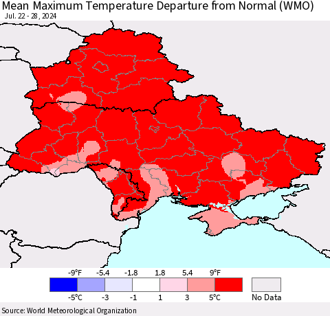 Ukraine, Moldova and Belarus Mean Maximum Temperature Departure from Normal (WMO) Thematic Map For 7/22/2024 - 7/28/2024