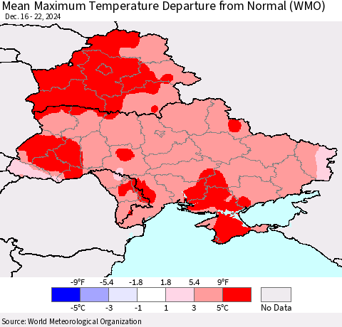 Ukraine, Moldova and Belarus Mean Maximum Temperature Departure from Normal (WMO) Thematic Map For 12/16/2024 - 12/22/2024