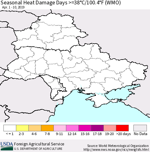 Ukraine, Moldova and Belarus Seasonal Heat Damage Days >=38°C/100.4°F (WMO) Thematic Map For 4/1/2019 - 4/10/2019