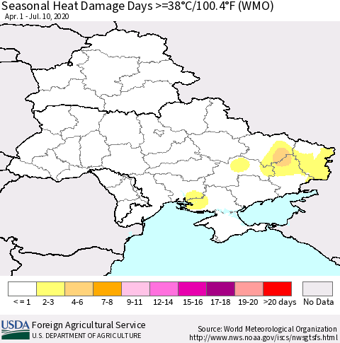 Ukraine, Moldova and Belarus Seasonal Heat Damage Days >=38°C/100°F (WMO) Thematic Map For 4/1/2020 - 7/10/2020