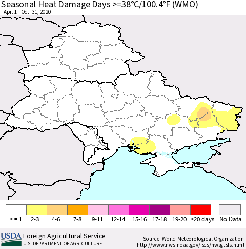 Ukraine, Moldova and Belarus Seasonal Heat Damage Days >=38°C/100.4°F (WMO) Thematic Map For 4/1/2020 - 10/31/2020