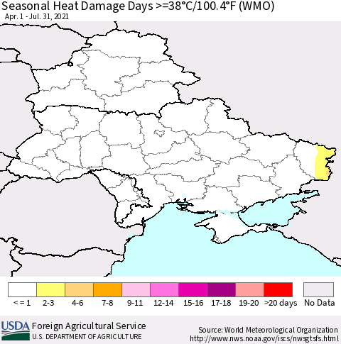 Ukraine, Moldova and Belarus Seasonal Heat Damage Days >=38°C/100°F (WMO) Thematic Map For 4/1/2021 - 7/31/2021