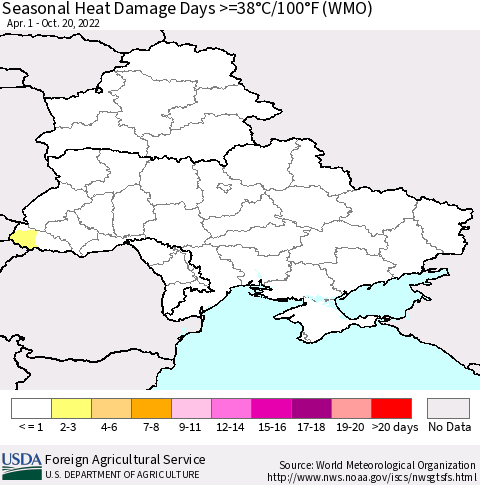 Ukraine, Moldova and Belarus Seasonal Heat Damage Days >=38°C/100°F (WMO) Thematic Map For 4/1/2022 - 10/20/2022