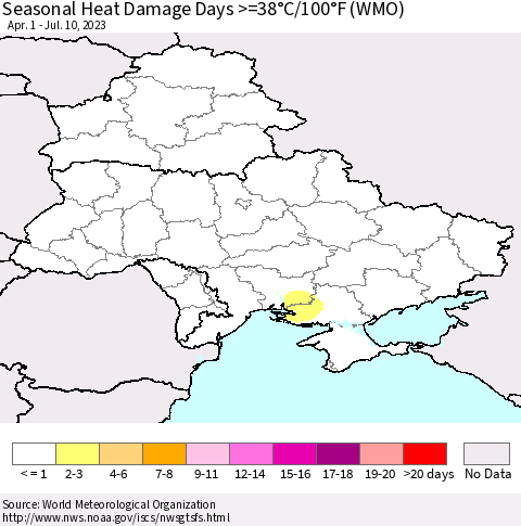 Ukraine, Moldova and Belarus Seasonal Heat Damage Days >=38°C/100°F (WMO) Thematic Map For 4/1/2023 - 7/10/2023