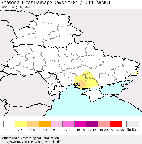 Ukraine, Moldova and Belarus Seasonal Heat Damage Days >=38°C/100°F (WMO) Thematic Map For 4/1/2023 - 8/10/2023